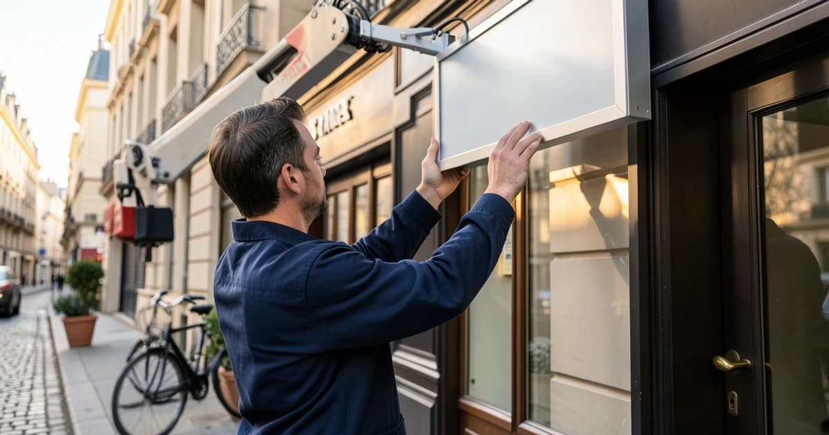 Technicien fixant une enseigne drapeau lumineuse sur la façade d'un commerce en Seine-et-Marne