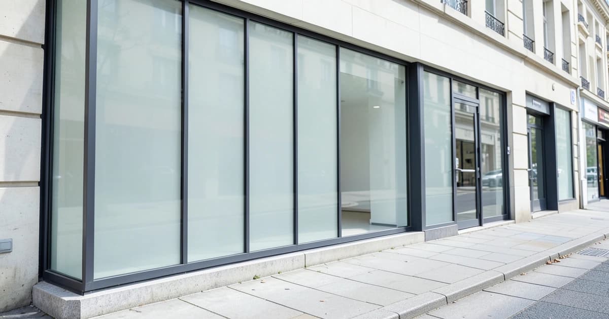 Poseur appliquant un film transparent sur la vitrine d'un magasin présentant des vêtements et des accessoires