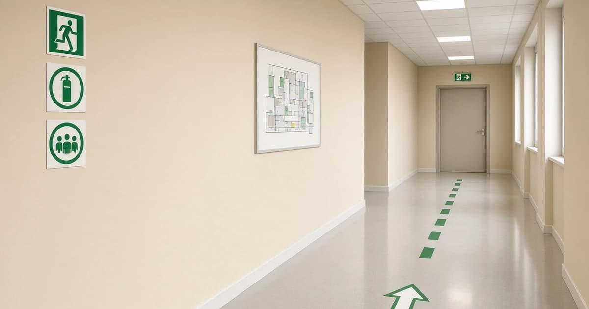 Responsable d'entreprise examinant des panneaux de sécurité, un marquage au sol et un plan d'évacuation dans un atelier