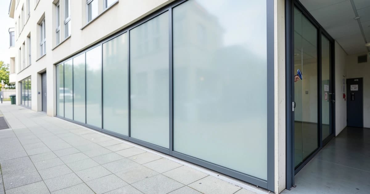 Technicien posant un store anti-chaleur devant les grandes baies vitrées d'un bureau lumineux