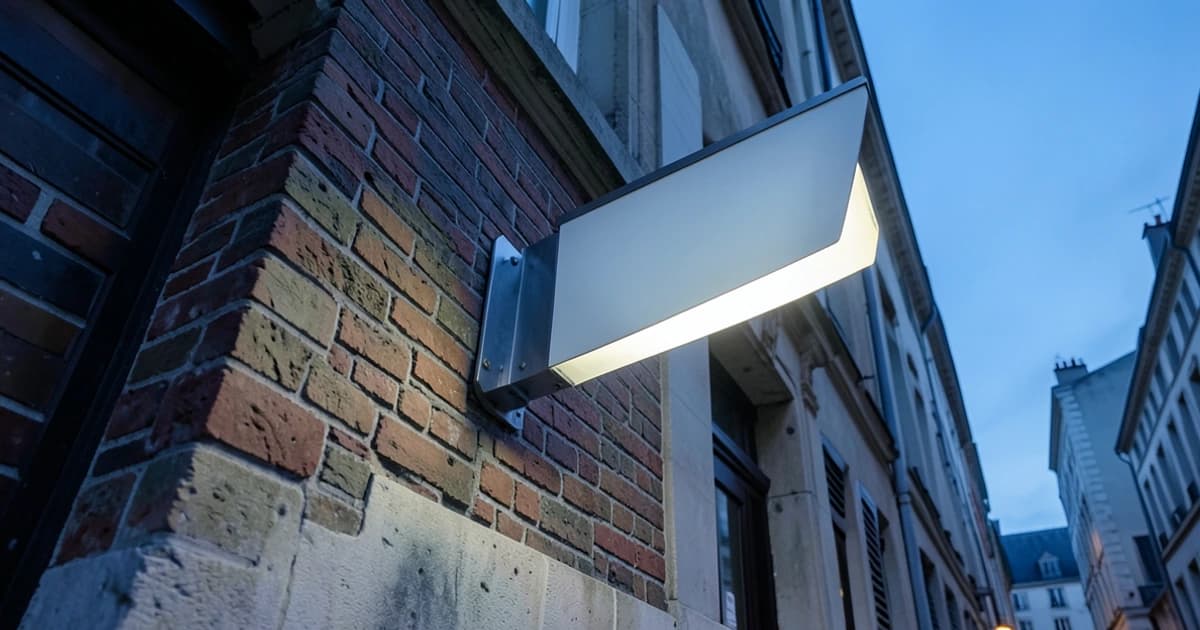 Façade d'entreprise équipée d'une enseigne, d'un totem directionnel et d'une vitrophanie extérieure